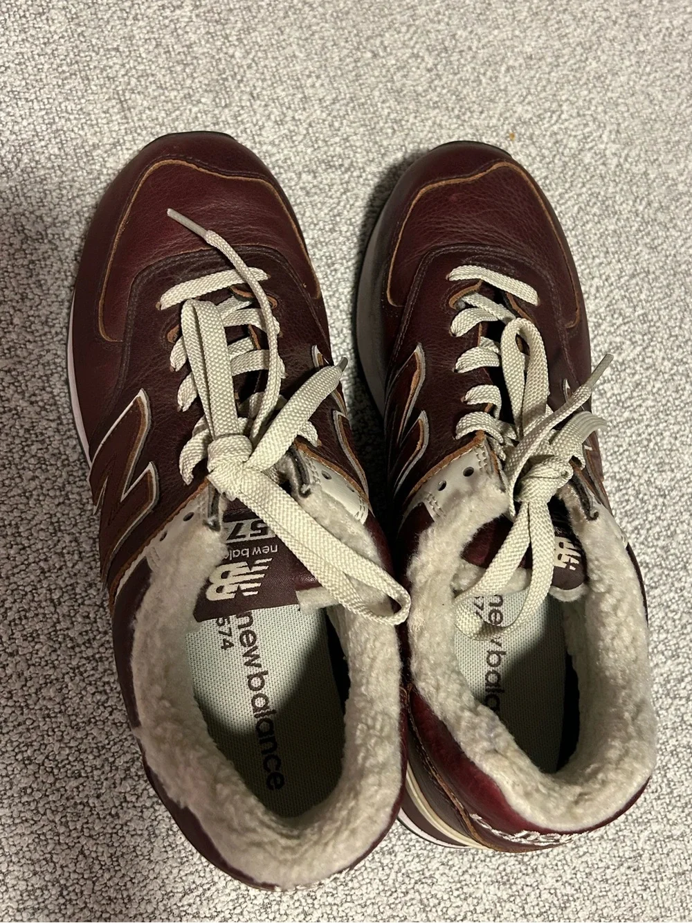 New Balance 574 Brown Burgundy Cream Leather Sneakers with Sherpa - M9 w10.5 - Picture 5 of 8